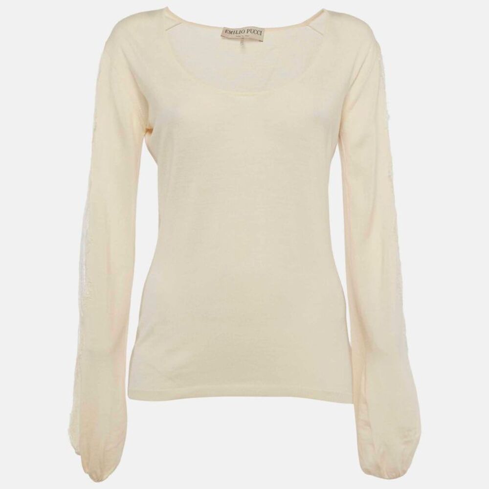 Emilio Pucci Cream Knit And Lace Detail Top L
